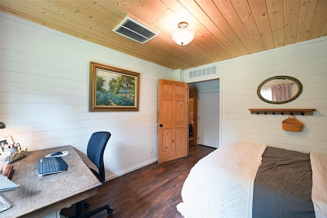 2 Cedar Grove Ln, Noxon, MT 59853 - bedroom with wood ceiling, dark wood-type flooring, wooden walls, and a desk