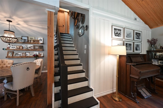 2 Cedar Grove Ln, Noxon, MT 59853 - stairs with a chandelier, wood finished floors, lofted ceiling, baseboards, and wood ceiling