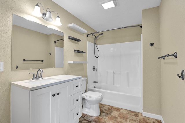 1721 13th Ave S, Great Falls, MT 59405 - full bath with toilet, shower / bath combination, vanity, a textured wall, and stone finish floors