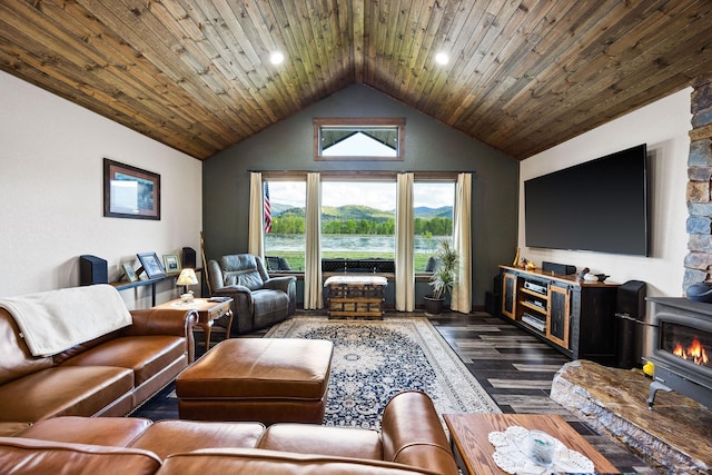 17 River Runs Ct, Plains, MT 59859 - living room with vaulted ceiling, dark wood-style flooring, wooden ceiling, and recessed lighting
