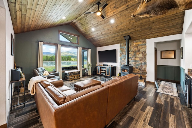17 River Runs Ct, Plains, MT 59859 - living area with wooden ceiling, a wood stove, dark wood-style floors, a ceiling fan, and recessed lighting