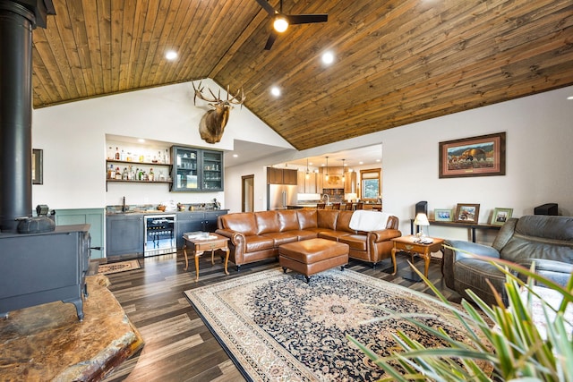 17 River Runs Ct, Plains, MT 59859 - living room featuring beverage cooler, wet bar, wood ceiling, high vaulted ceiling, and dark wood-type flooring