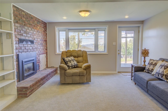 1320 Flowerree St, Helena, MT 59601 - carpeted living area with healthy amount of natural light, a brick fireplace, baseboards, and recessed lighting
