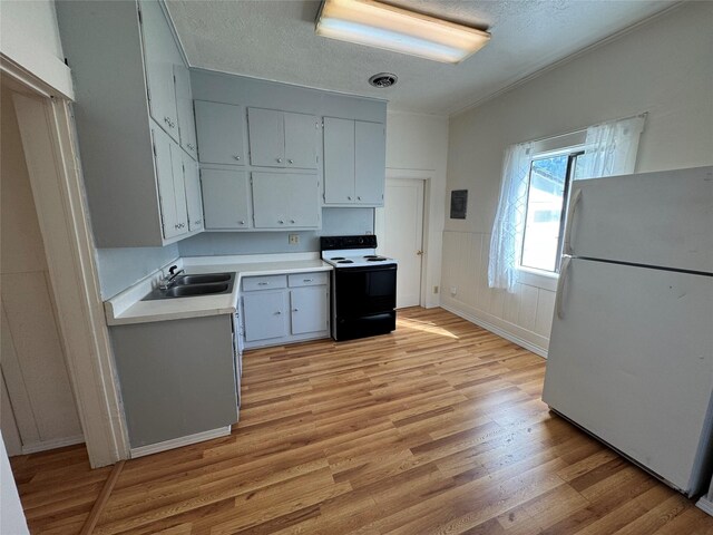 108 Meany St, Plains, MT 59859 - kitchen with freestanding refrigerator, electric range, light countertops, light wood-style flooring, and a textured ceiling