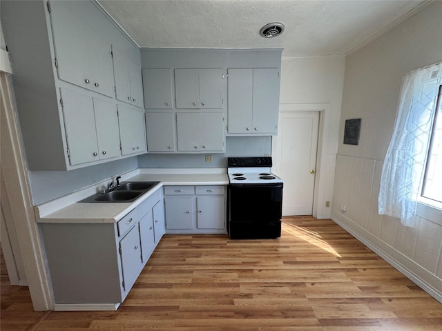 108 Meany St, Plains, MT 59859 - kitchen with range with electric cooktop, light wood finished floors, light countertops, wainscoting, and a textured ceiling