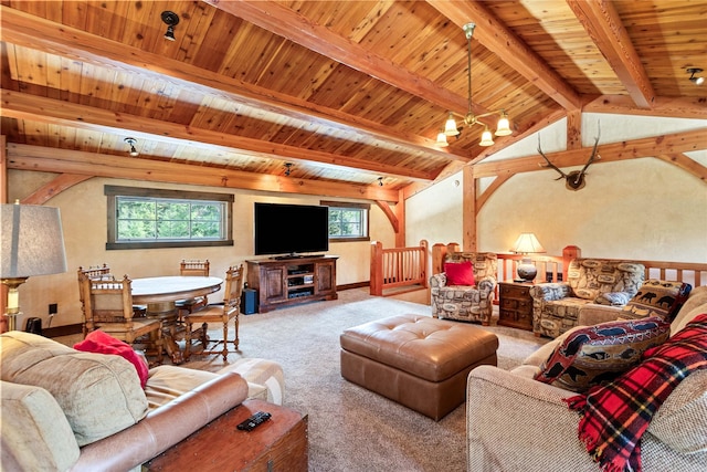 380 Haskill Basin Rd, Whitefish, MT 59937 - carpeted living area with a chandelier and a wooden ceiling with exposed beams