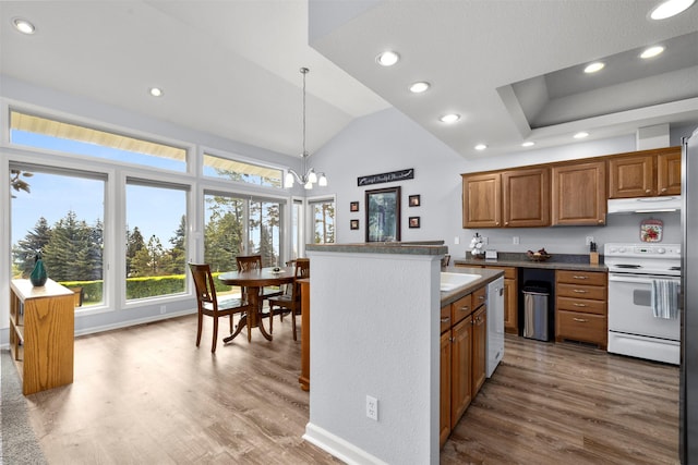 100 Rimini Rd, Lakeside, MT 59922 - kitchen with white appliances, under cabinet range hood, wood finished floors, brown cabinets, and a chandelier