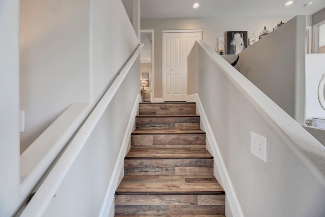 1150 Vega Rd, Helena, MT 59602 - staircase with wood finished floors, recessed lighting, and washer / clothes dryer