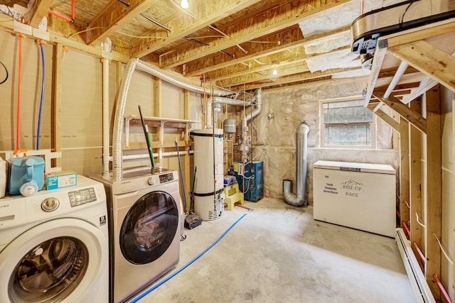 1150 Vega Rd, Helena, MT 59602 - below grade area with independent washer and dryer, gas water heater, baseboard heating, a heating unit, and refrigerator