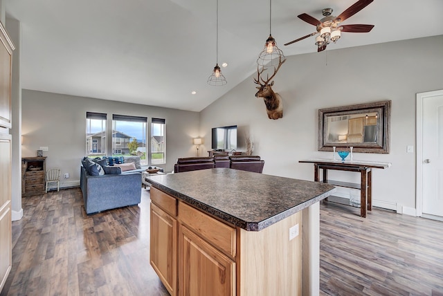1150 Vega Rd, Helena, MT 59602 - kitchen with dark countertops, a ceiling fan, dark wood-type flooring, open floor plan, and vaulted ceiling