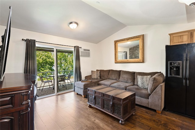 1 Kootenai Ave Unit 17, Polson, MT 59860 - living room featuring dark wood finished floors, vaulted ceiling, and a wall mounted AC