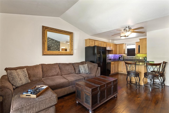 1 Kootenai Ave Unit 17, Polson, MT 59860 - living area featuring a ceiling fan, dark wood finished floors, and lofted ceiling