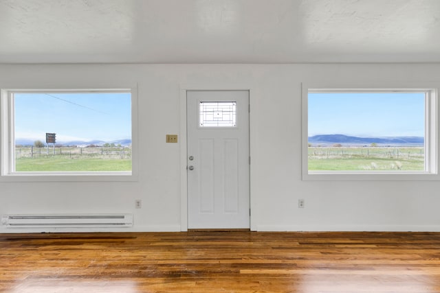 1680 W River Rd, Deer Lodge, MT 59722 - foyer entrance featuring baseboard heating, wood finished floors, baseboards, and a mountain view
