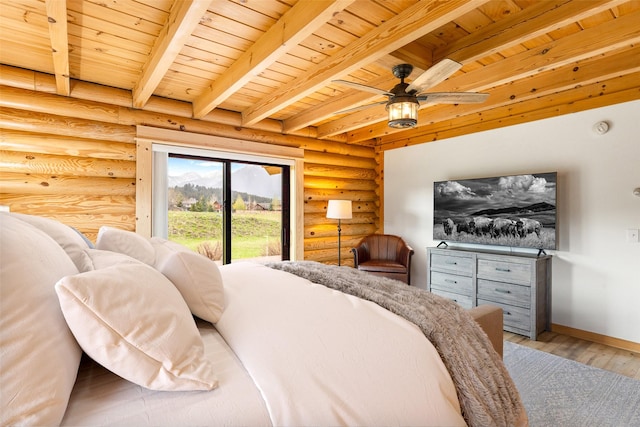 1266 Ousel Falls Rd, Big Sky, MT 59716 - bedroom featuring rustic walls, wood ceiling with exposed beams, access to exterior, wood finished floors, and baseboards