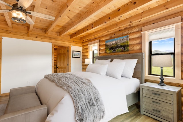1266 Ousel Falls Rd, Big Sky, MT 59716 - bedroom with light wood finished floors, wood ceiling with exposed beams, and wooden walls