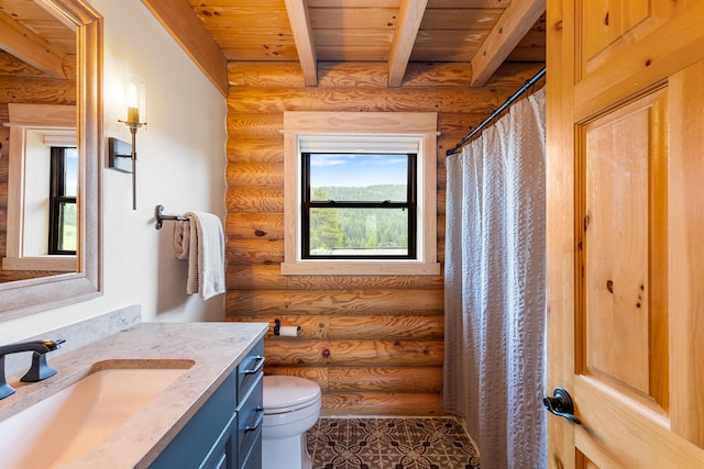 1266 Ousel Falls Rd, Big Sky, MT 59716 - bathroom featuring log walls, vanity, wood ceiling with exposed beams, toilet, and tile patterned flooring