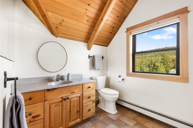 1266 Ousel Falls Rd, Big Sky, MT 59716 - bathroom featuring a baseboard radiator, wooden ceiling, vanity, toilet, and stone finish floors