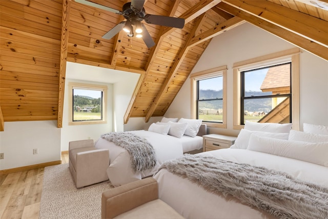 1266 Ousel Falls Rd, Big Sky, MT 59716 - bedroom with multiple windows, wooden ceiling, wood finished floors, and baseboards