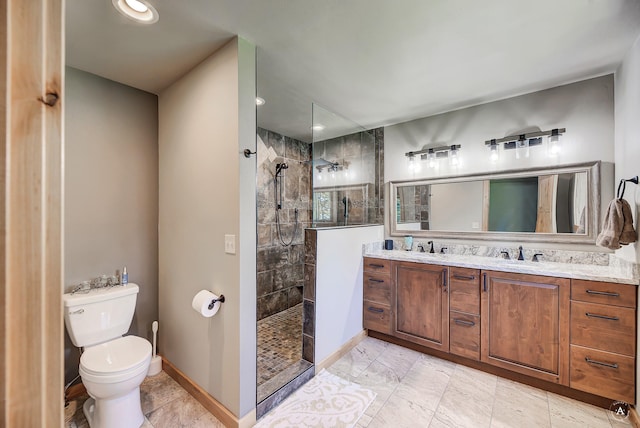 115 Grassy Mountain Rd, White Sulphur Springs, MT 59645 - full bath with double vanity, a walk in shower, toilet, baseboards, and recessed lighting