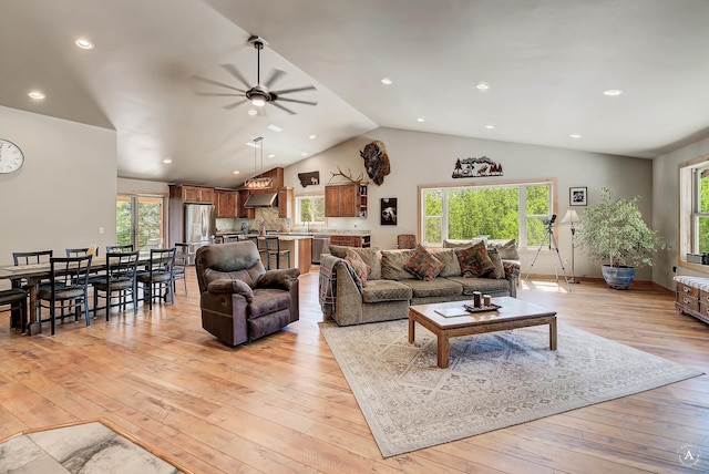 115 Grassy Mountain Rd, White Sulphur Springs, MT 59645 - living room featuring light wood-style floors, a ceiling fan, lofted ceiling, and recessed lighting