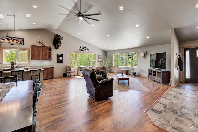 115 Grassy Mountain Rd, White Sulphur Springs, MT 59645 - living room featuring light wood-style flooring, ceiling fan, high vaulted ceiling, and recessed lighting