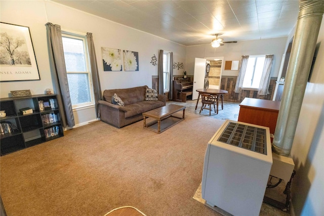 210 S Maryland St, Conrad, MT 59425 - living room with carpet, a ceiling fan, and heating unit
