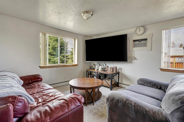 611 Old Corvallis Rd, Corvallis, MT 59828 - living area featuring a wall mounted AC, a baseboard radiator, and a textured ceiling