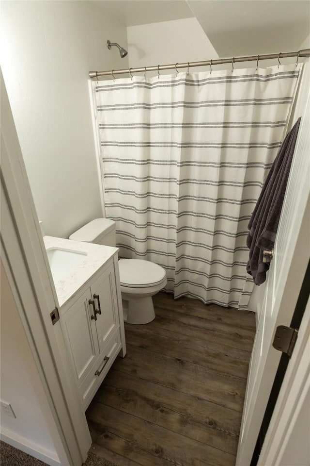 412 Bear Canyon Rd, Lakeside, MT 59922 - bathroom with vanity, wood finished floors, toilet, and a shower with curtain