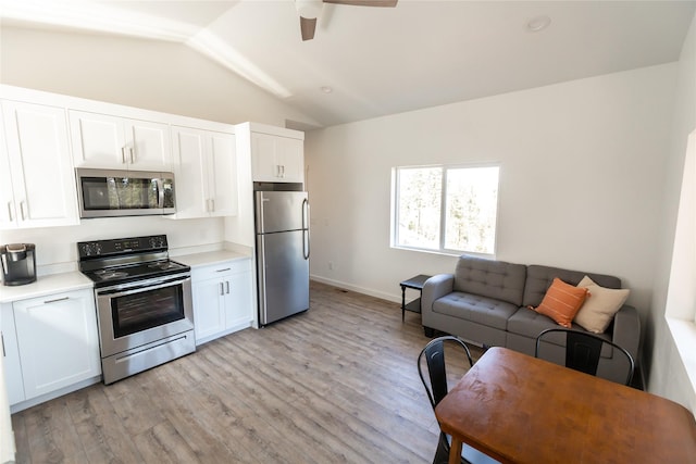 412 Bear Canyon Rd, Lakeside, MT 59922 - kitchen featuring stainless steel appliances, lofted ceiling, a ceiling fan, light wood-style flooring, and light countertops