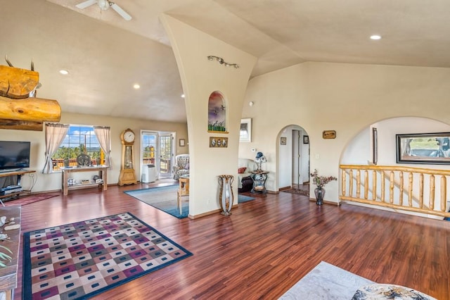 16 Grassland Way, Roundup, MT 59072 - living room with arched walkways, vaulted ceiling, wood finished floors, ceiling fan, and recessed lighting