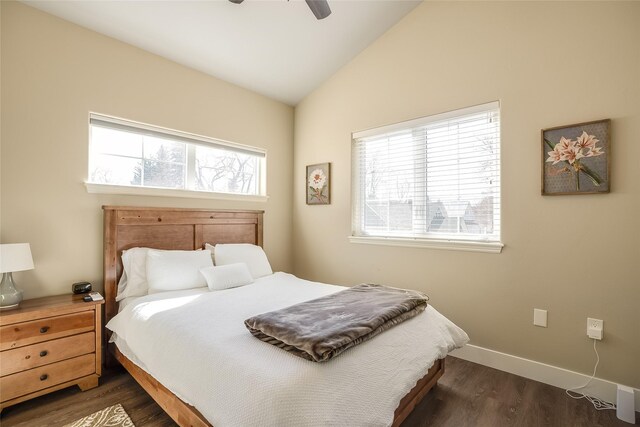 442 4th Ave E, Kalispell, MT 59901 - bedroom featuring dark wood-type flooring, baseboards, ceiling fan, and high vaulted ceiling