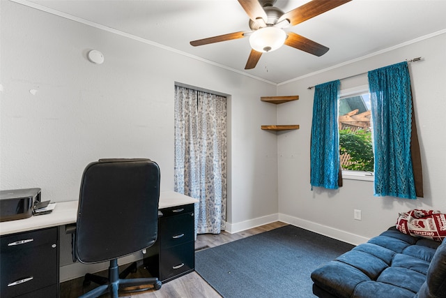 2115 Burlington Ave, Missoula, MT 59801 - home office featuring wood finished floors, a ceiling fan, crown molding, and baseboards