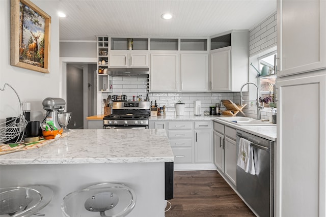 2115 Burlington Ave, Missoula, MT 59801 - kitchen featuring appliances with stainless steel finishes, a sink, open shelves, backsplash, and recessed lighting
