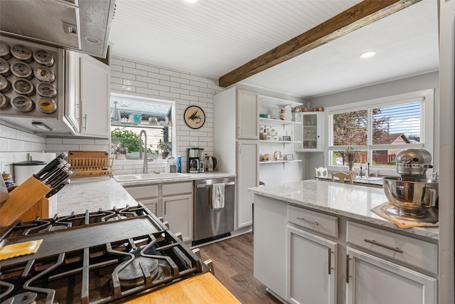 2115 Burlington Ave, Missoula, MT 59801 - kitchen featuring stainless steel dishwasher, beamed ceiling, backsplash, dark wood finished floors, and open shelves