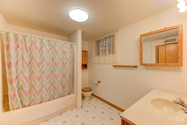 2685 Pinkerton Dr, East Helena, MT 59635 - bathroom featuring vanity, toilet, shower / bathtub combination with curtain, and baseboards