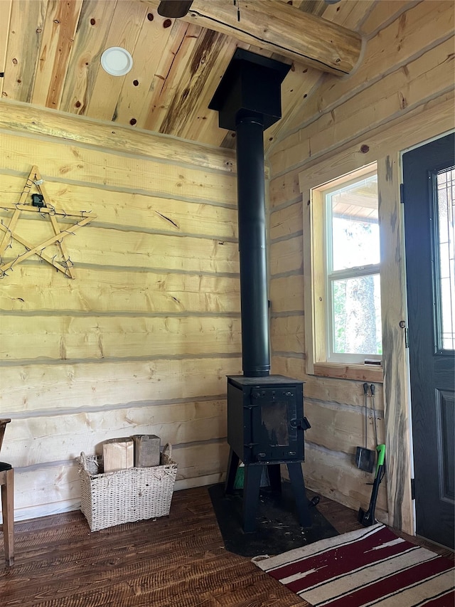 367 Lower River Rd, Heron, MT 59844 - detailed view of a wood stove, wooden walls, and wood ceiling