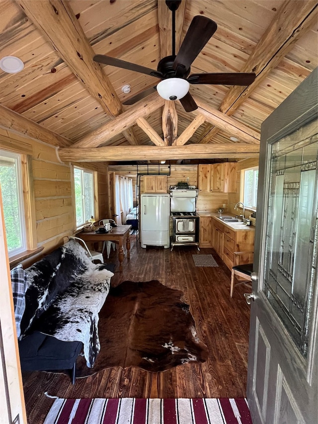 367 Lower River Rd, Heron, MT 59844 - living room with wood ceiling, dark wood-style flooring, wooden walls, and ceiling fan