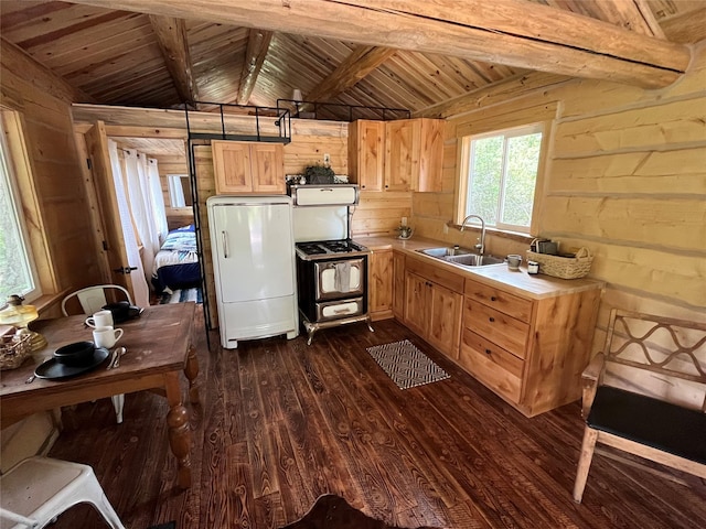 367 Lower River Rd, Heron, MT 59844 - kitchen with a sink, refrigerator, wooden walls, dark wood finished floors, and light countertops