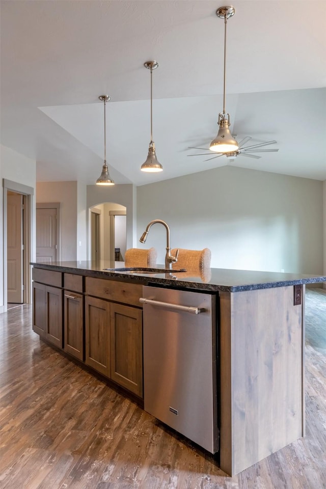 3525 Overland Rd, Helena, MT 59602 - kitchen featuring stainless steel dishwasher, a sink, dark wood-type flooring, lofted ceiling, and pendant lighting
