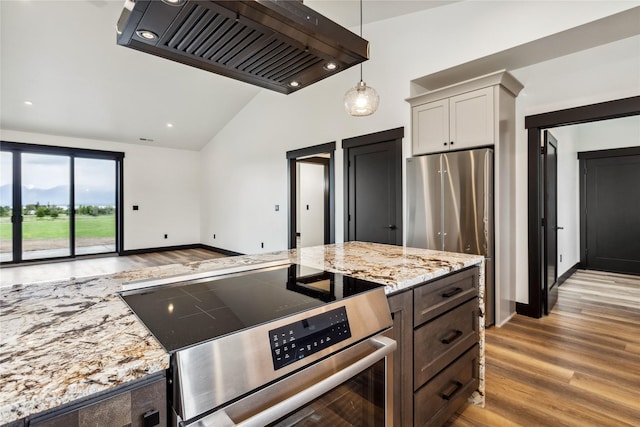 34544 Eagle Crest Dr, Polson, MT 59860 - kitchen with premium range hood, stainless steel appliances, lofted ceiling, light wood-style flooring, and light stone counters