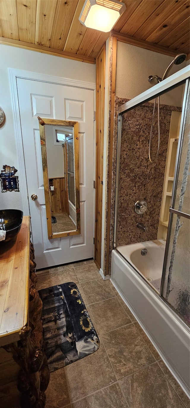 194 Whitetail Dr, Haugan, MT 59842 - bathroom with wooden ceiling, shower / bath combination with glass door, and ornamental molding