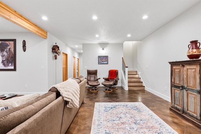 11501 Sleeman Creek Rd, Lolo, MT 59847 - living room featuring recessed lighting, finished concrete flooring, and stairs