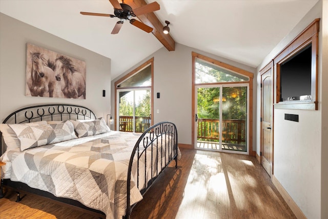 151 Handkerchief Creek Dr, Kalispell, MT 59901 - bedroom featuring access to exterior, wood finished floors, and a ceiling fan
