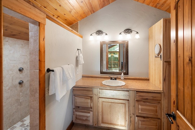151 Handkerchief Creek Dr, Kalispell, MT 59901 - bathroom with vanity, a tile shower, and wood ceiling