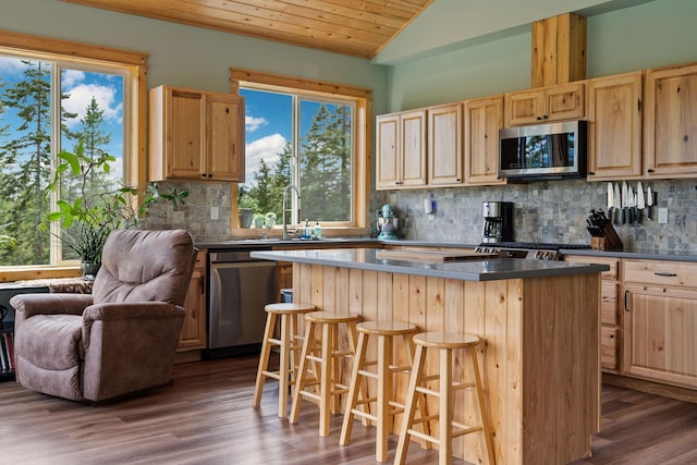 4111 Foothill Rd, Kalispell, MT 59901 - kitchen featuring stainless steel appliances, light brown cabinetry, lofted ceiling, decorative backsplash, and dark wood-style floors
