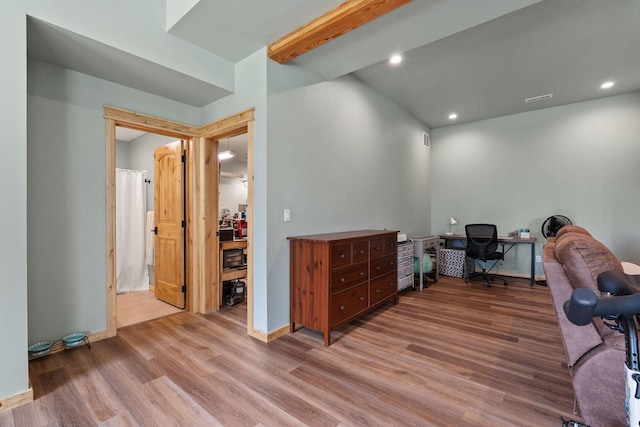 4111 Foothill Rd, Kalispell, MT 59901 - office featuring wood finished floors, beam ceiling, and recessed lighting