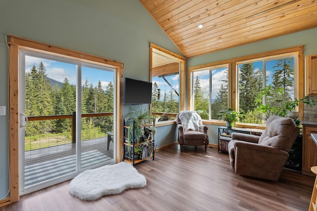 4111 Foothill Rd, Kalispell, MT 59901 - sunroom with wood ceiling, vaulted ceiling, wood finished floors, and recessed lighting