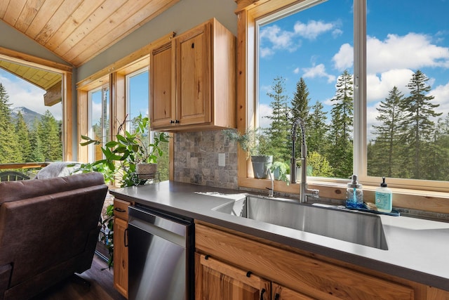 4111 Foothill Rd, Kalispell, MT 59901 - kitchen featuring dishwasher, decorative backsplash, vaulted ceiling, wood ceiling, and dark countertops