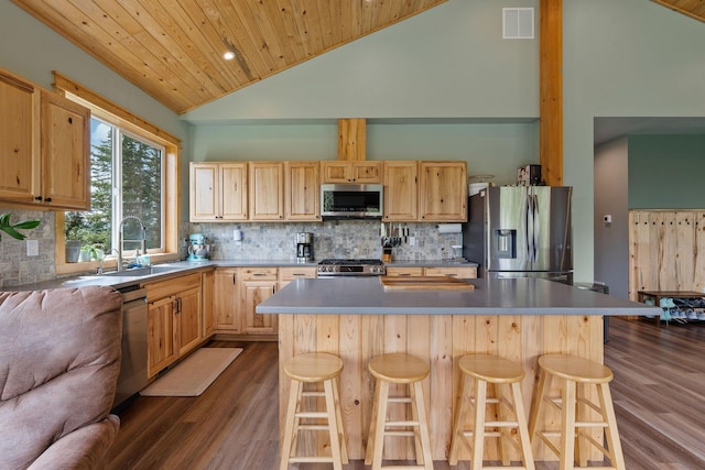 4111 Foothill Rd, Kalispell, MT 59901 - kitchen featuring stainless steel appliances, light brown cabinets, dark wood-style floors, backsplash, and wooden ceiling
