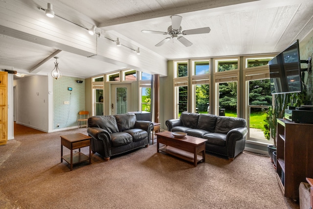 6040 Pearl Dr, Manhattan, MT 59741 - living area featuring a ceiling fan, wooden ceiling, and carpet floors